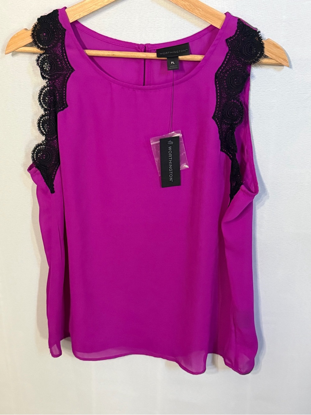 Worthington Sleeveless Lace Trim Blouse Womens PL Purple Magenta Chiffon top NWT